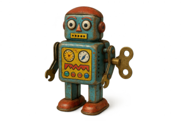 Retro Toy Robot Illustration on transparent background, mechanical