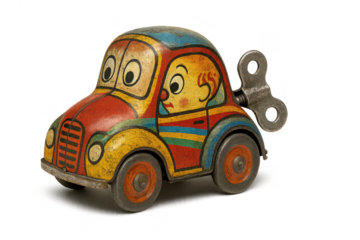 Vintage Wind-up Toy Car with Funny Face on transparent background.