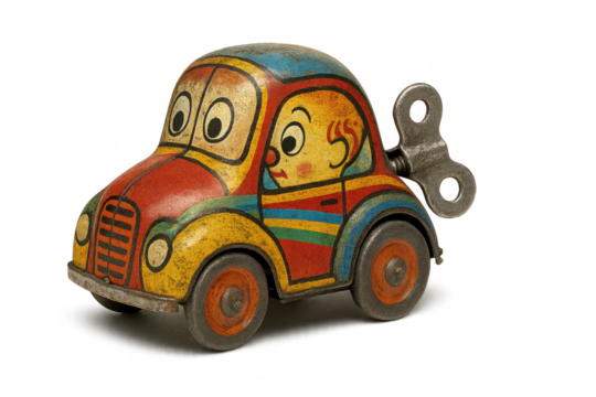 Vintage Wind-up Toy Car with Funny Face on transparent background. - Powered by Adobe