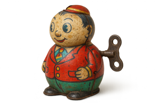 Vintage Tin Wind-Up Toy of a Boy with transparent background image. - Powered by Adobe