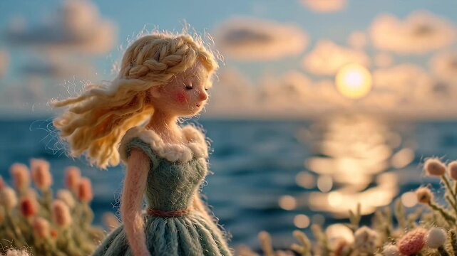 A charming doll with blonde hair stands by the sea at sunset, surrounded by delicate flowers, evoking a sense of wonder and tranquility.