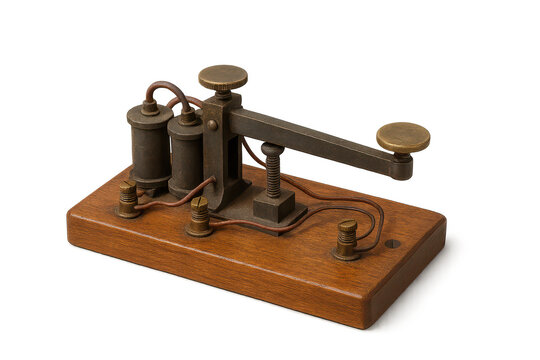 Vintage telegraph machine with transparent background on display shot.