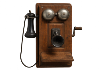 Antique Wall Telephone on transparent background, old communication