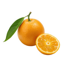 Whole and halved orange with green leaf isolated on a transparent background fruit whole orange