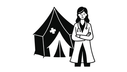 A doctor stands in front of a medical tent with a cross symbol.