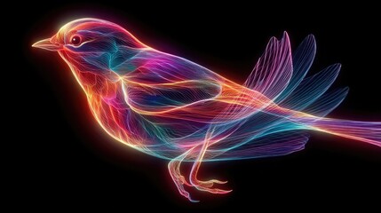 Neon bird flight path lines glowing with electric strokes, dynamic wildlife movement illustration, futuristic neon bird trajectory design on black background