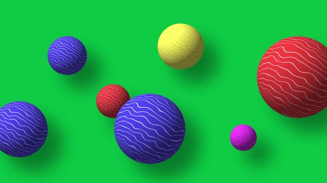 3D colorful Wavy Pattern Spheres Floating on Green Screen, colorful easter eggs on green, balls on a vibrant neon green background,chroma key with a soft realistic drop shadow