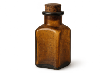 Antique brown glass bottle, potion container on transparent background