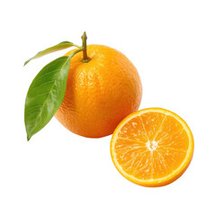 Whole and halved orange with green leaves isolated on a transparent background fruit