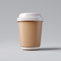 Minimal Beige Ceramic Coffee Cup with White Lid on Gray Background