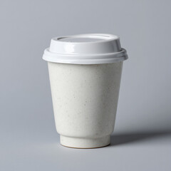 Minimal White Ceramic Coffee Cup with Lid on Gray Background