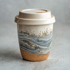 Reusable Ceramic Coffee Cup with Marble Texture and Cork Base
