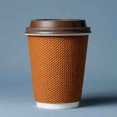 Textured Disposable Coffee Cup with Brown Sleeve on Blue Background