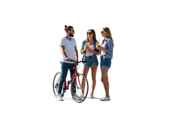 Three young friends with bicycle in casual summer clothing standing together in bright natural lighting for social media advertising isolated on white background
