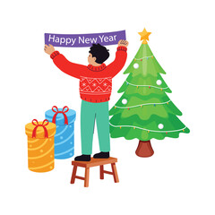Flat illustration of man decorating house for new year holiday