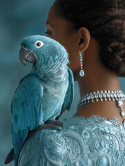 Graceful elegant woman in a turquoise lace dress with luxury diamond jewelry and a blue macaw parrot on her shoulder.