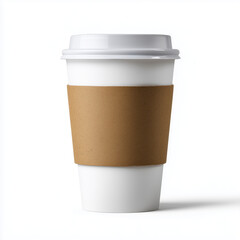 White Takeaway Coffee Cup with Cardboard Sleeve Isolated on White Background
