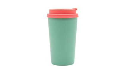 Mint green reusable coffee cup with coral lid isolated PNG, eco-friendly travel mug for hot drinks on transparent background