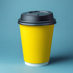 Yellow Takeaway Coffee Cup Mockup on Blue Background with Copy Space