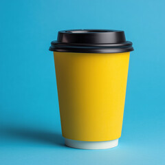 Yellow Takeaway Coffee Cup Mockup on Blue Background with Copy Space