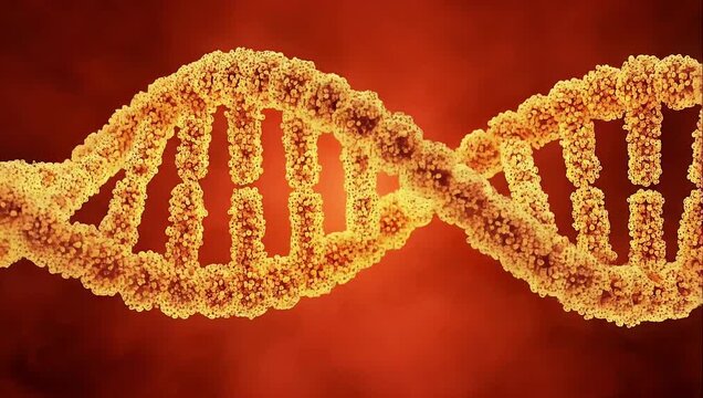 Abstract visualization of a glowing golden DNA double helix structure against an intense fiery red background representing genetics molecular biology