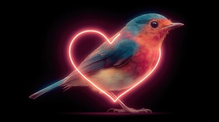 Neon bird in glowing neon heart glowing with bright electric outlines, romantic digital wildlife design with glowing heart-shaped neon frames
