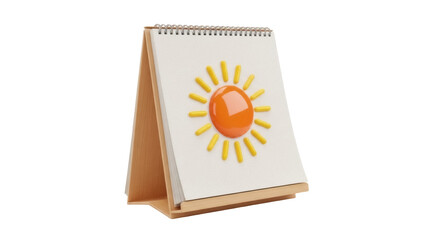 Desk calendar with sun isolated PNG, cheerful reminder for summer vacation planning and positive daily affirmations on transparent background