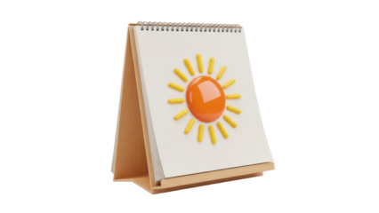 Desk calendar with sun isolated PNG, cheerful reminder for summer vacation planning and positive daily affirmations on transparent background