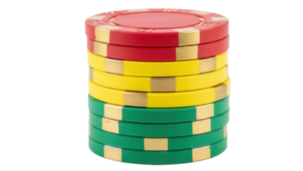Stack of red yellow and green poker chips isolated PNG, gambling game tokens for casino night and betting events