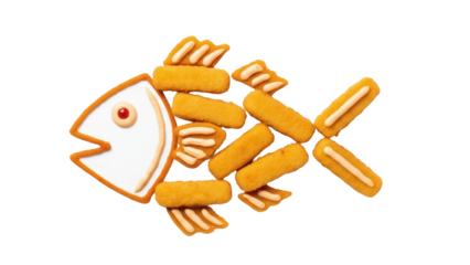 Creative fish made of fish sticks isolated PNG, fun food art for kids and healthy eating concepts on transparent background