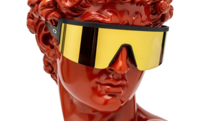 Red David bust with yellow sunglasses isolated PNG, classical sculpture with modern eyewear on transparent background