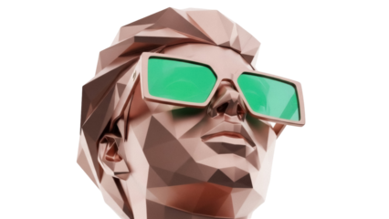 Geometric rose gold head with green glasses isolated PNG, polygonal art sculpture on transparent background for design and decoration