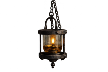 Antique oil lantern with transparent background and hanging chain detail