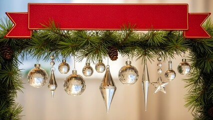 Elegant festive red banner with crystal-clear glass ornaments and pine greenery creating a subtle winter mood