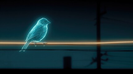 Neon bird perched on neon wire fence glowing with bright electric lines, digital wildlife urban scene with glowing bird silhouette on wire fence