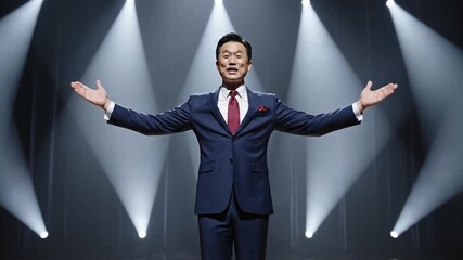 A Person in a Suit Walks on Stage and Welcomes the Audience with Open Arms