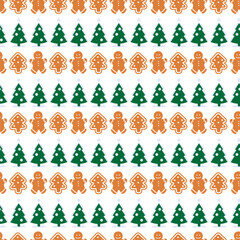 Festive Christmas seamless pattern with a gingerbread man and a Christmas tree. Vector illustration.