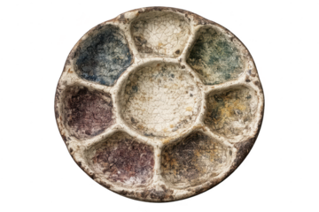 Old ceramic paint palette on transparent background, distressed style