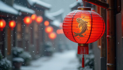 East-Asian ink wash red paper lantern with golden carp, hopeful and warm, festive hanging decoration with copy space, words + concept