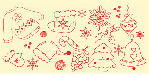 Warm Red Holiday Icons, Beige Festive Line Art, Classic Christmas Sketches