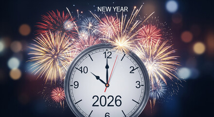 2026 New Year card with clock and fireworks waiting for midnight