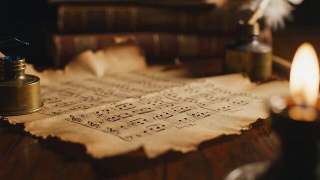 Changing focus perspective of an old music sheet with a candle, quill, and books for historical, musical, or writing concepts