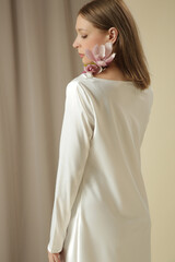 Fashion Studio Portrait of Woman in Elegant White Dress, Luxury Wedding Guest Collection