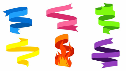 Collection of six colorful swirling ribbons and a fiery ribbon graphic design elements