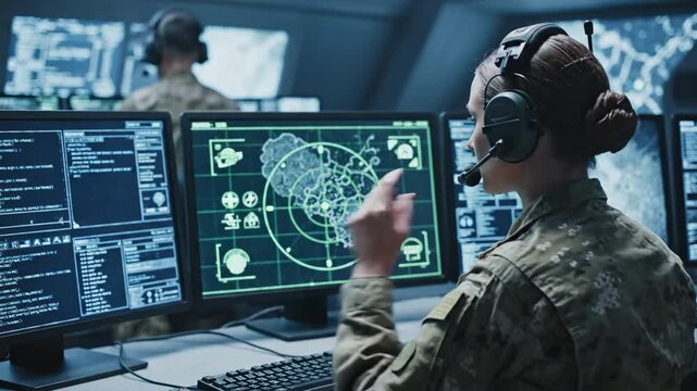 Female soldier in camouflage uniform monitors radar and data screens, operating security systems at a modern military control center.