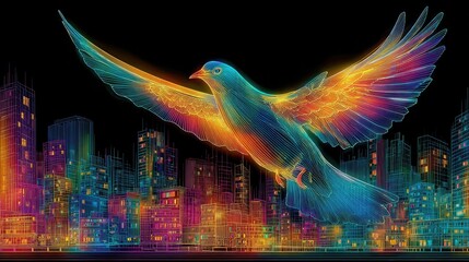 Neon bird soaring over neon cityscape glowing with bright electric outlines, futuristic urban wildlife digital art with glowing city lights