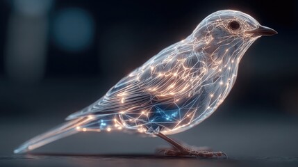 Neon bird with digital matrix background glowing with electric grids, futuristic wildlife digital design with glowing cybernetic neon accents