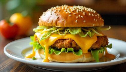 A vibrant chicken sandwich on a sesame seed bun, featuring crispy fried chicken, layers of fresh green lettuce, and melted cheddar cheese cascading down the sides, created with generative ai