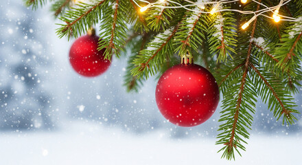 Red Christmas decoration with fir branches ornament and glittering lights