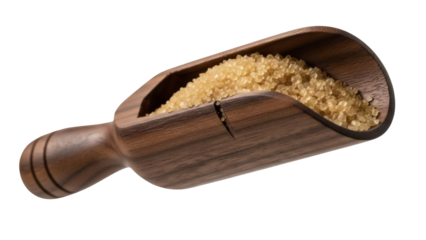 Brown sugar in wooden scoop PNG isolated on transparent background, natural sweetener for baking and cooking